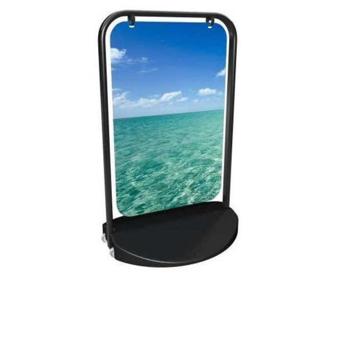 A signage stand with a black metal frame, water base, and a metal panel displaying a scenic ocean view.
