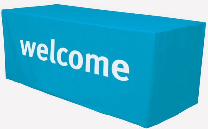 A turquoise 8-foot table cover featuring the word "welcome" in bold white text.