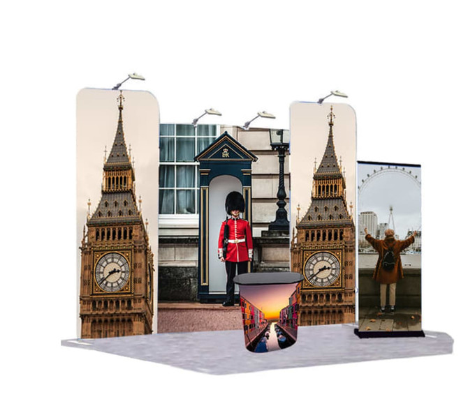 A tension fabric display booth featuring iconic London landmarks, with vibrant images and a central podium.
