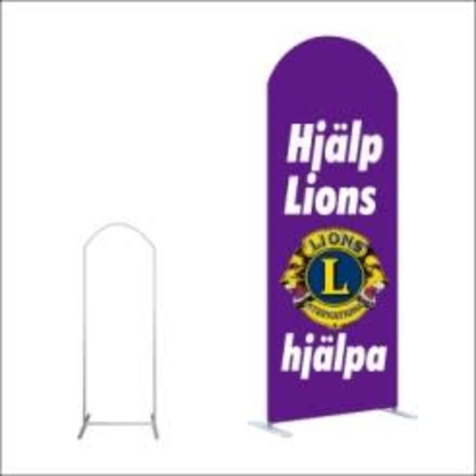 A curved top display stand featuring a purple banner with a logo and text, set against a simple white backdrop.