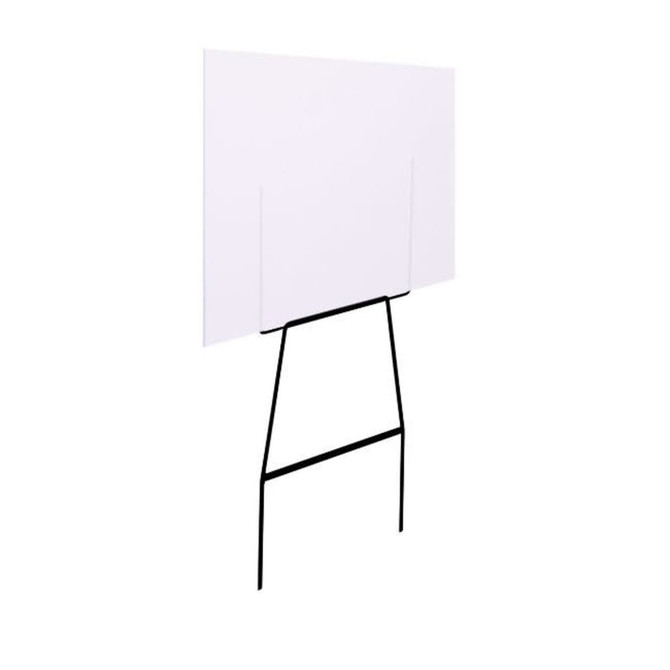 A white display board supported by a black wire stake frame. The frame has a simple design.