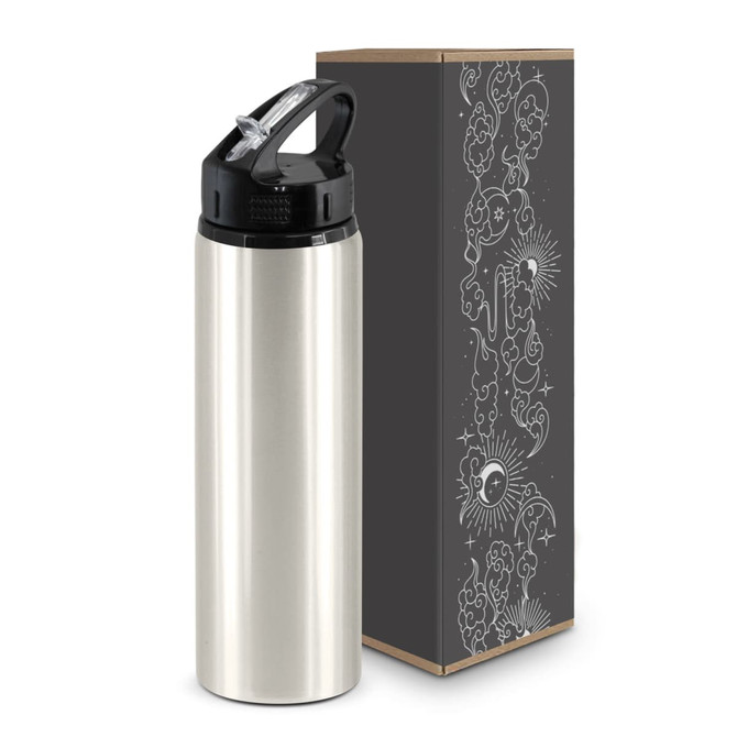 A drink bottle in silver with a flip cap, accompanied by decorative packaging featuring a design and logo.