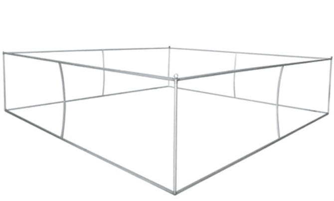 A square, silver tension fabric replacement frame with a minimalist design. It features a logo on the structure.
