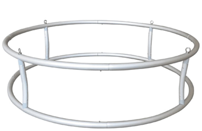 A circular hanging frame made of silver metal tubing, designed for tension fabric displays.