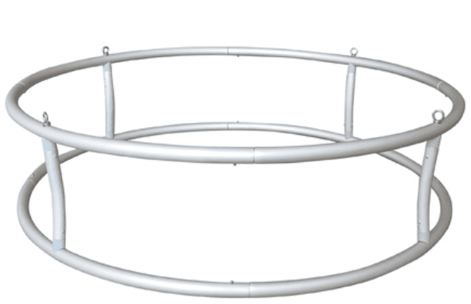 A circular silver aluminium frame designed for tension fabric displays, featuring attachment points.