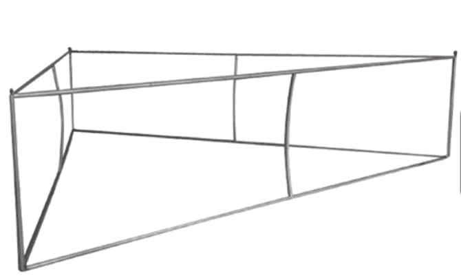 A triangular silver hanging frame with a metallic structure, designed for tension fabric displays.