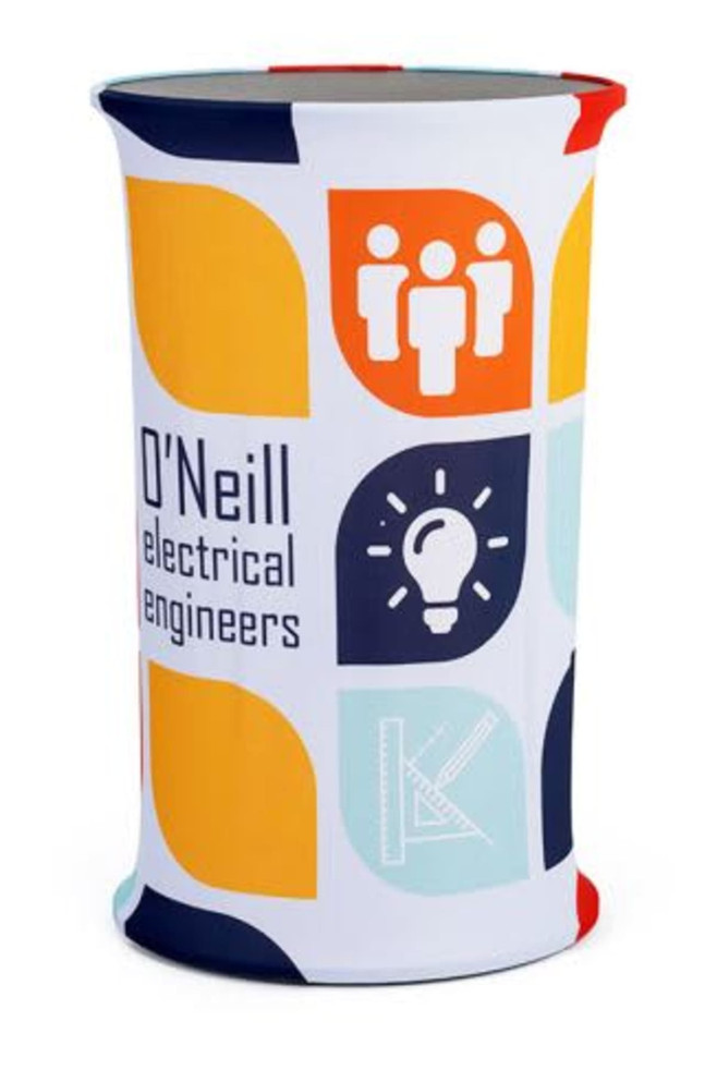 An oval-shaped promotional table covered in colourful, patterned stretch fabric. It features a logo and various symbols.