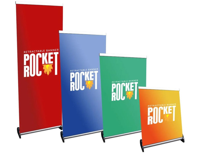 Four retractable banners in red, blue, green, and a smaller format, featuring a logo on each.