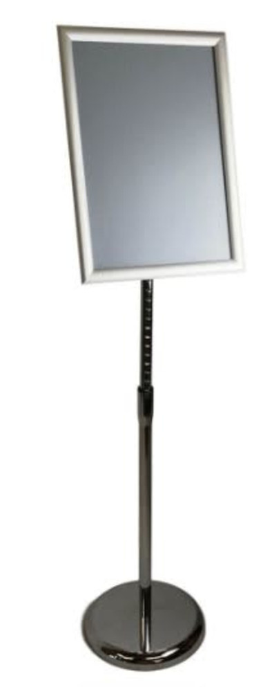 A silver menu holder with a sleek design, featuring a rectangular frame on an adjustable metal stand.