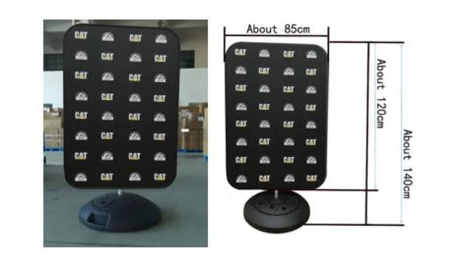 A tension fabric display in black with a rectangular shape, featuring a water base for stability. Dimensions are approximately 850mm x 2000mm.