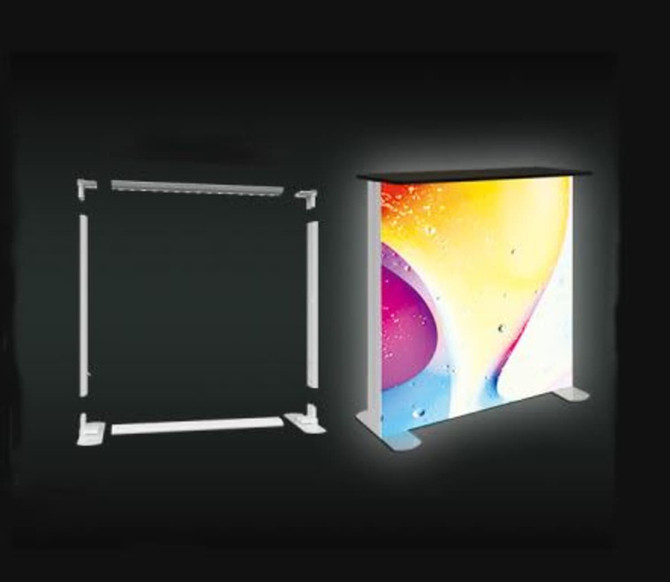 A promotional light box table featuring a colourful PVC frame, displayed in two configurations: assembled and unassembled.