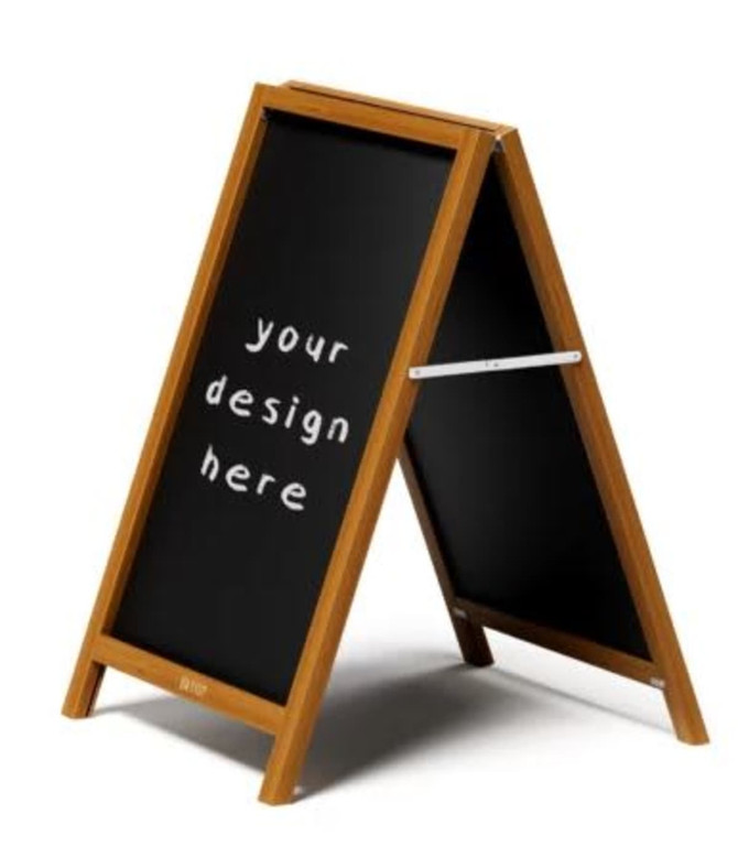 A wooden A-frame display with a black interchangeable chalkboard on both sides. It features a logo on one side.