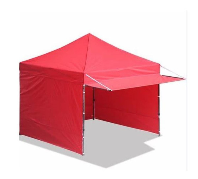 A red marquee awning featuring a peaked roof and open front, measuring 3000 x 714mm, with a supportive frame.