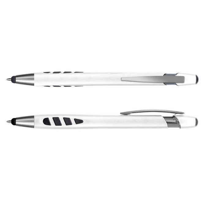 A white plastic stylus pen with silver accents and a textured grip, featuring a logo.