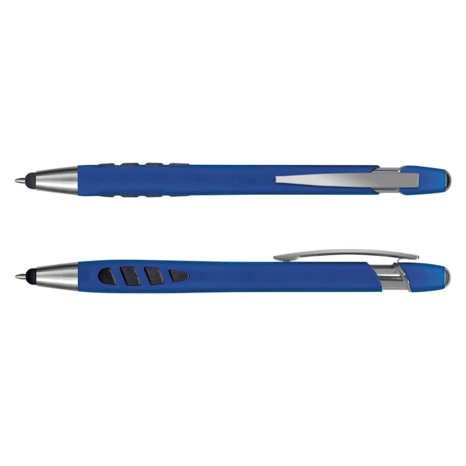 A stylus pen in blue with a sleek design, featuring a silver clip and buttons for added functionality.
