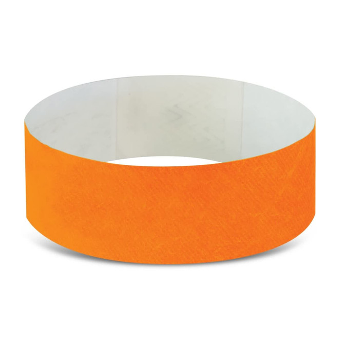 An orange Tyvek Event Wrist Band, designed for exhibitions and events, displayed flat.