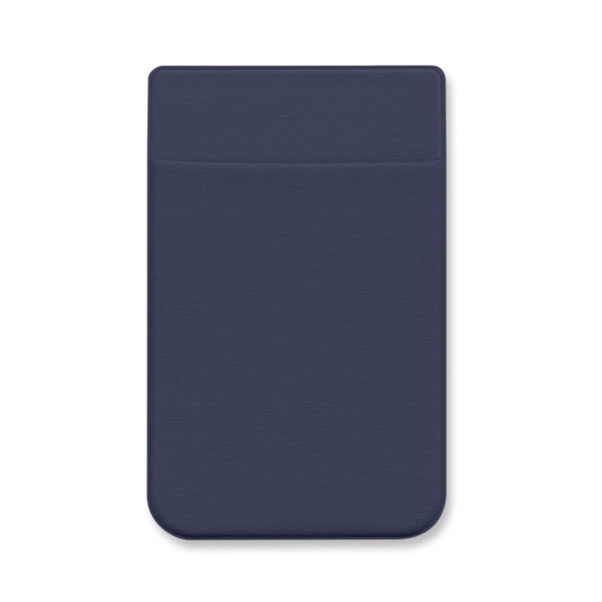 A Lycra phone wallet in navy blue, featuring a smooth surface and a pocket for cards or cash.
