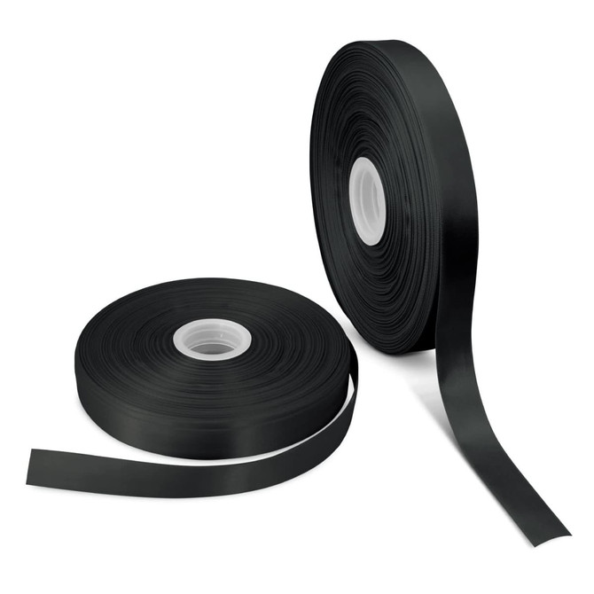 Two rolls of 25mm personalised ribbon in black, one partially unspooled, featuring a logo on the spool.