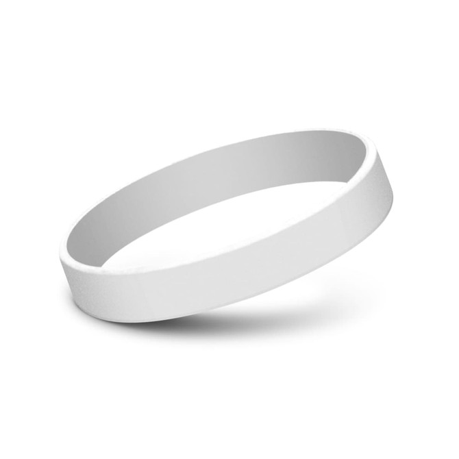 A white silicone wristband with a smooth, debossed design. The band has a simple, clean appearance.