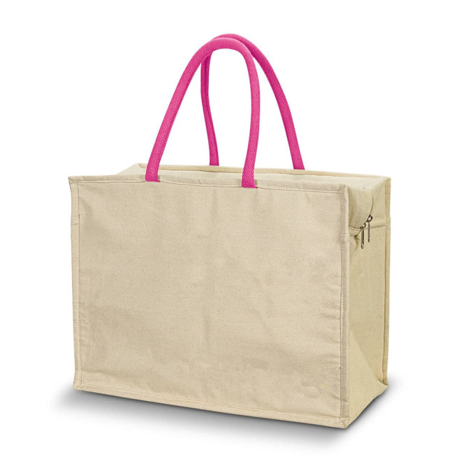 A beige cooler bag with pink handles, featuring a zippered compartment and a logo.
