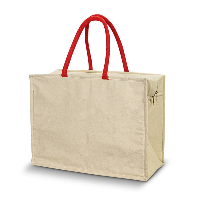 A cream cooler bag with red handles and a zippered closure, featuring a simple design and spacious interior.