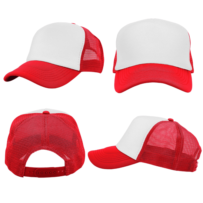 A red and white truckers mesh cap featuring a structured front and mesh sides, with an adjustable back strap.