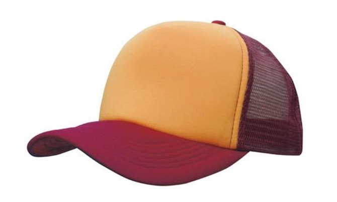 A truckers mesh cap featuring a yellow front panel and maroon brim and mesh. It includes a branding logo.