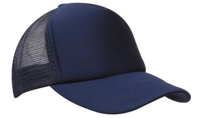 A navy truckers mesh cap with a solid front and a breathable mesh back. Features a logo on the front.