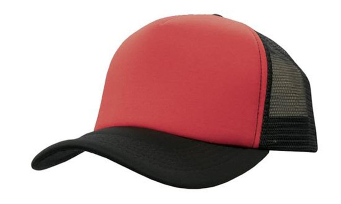 A red and black trucker mesh cap featuring a solid front and a mesh back, with a curved peak.