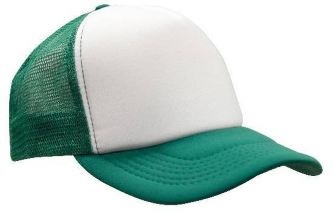 A green and white trucker mesh cap featuring a solid front panel and a mesh back, with a curved brim.