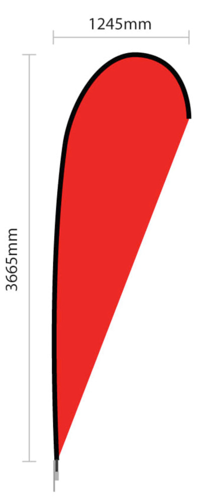 A large red double-sided teardrop banner with a black outline, measuring 1245mm by 3665mm.
