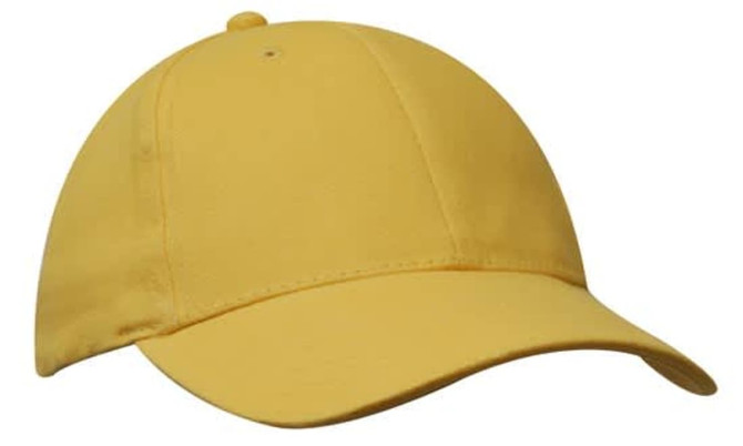 A yellow cap with a rounded crown and a curved brim. The cap has a logo on it.