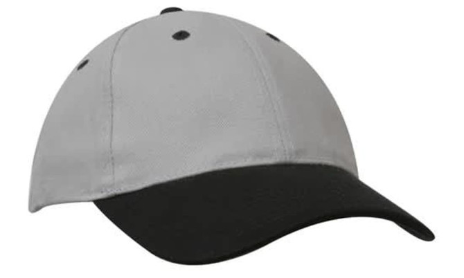 A cap featuring a grey top and a black brim, with a logo on the front.