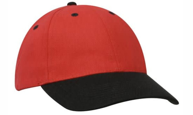A cap featuring a red crown and a black brim, complete with a logo on the front.