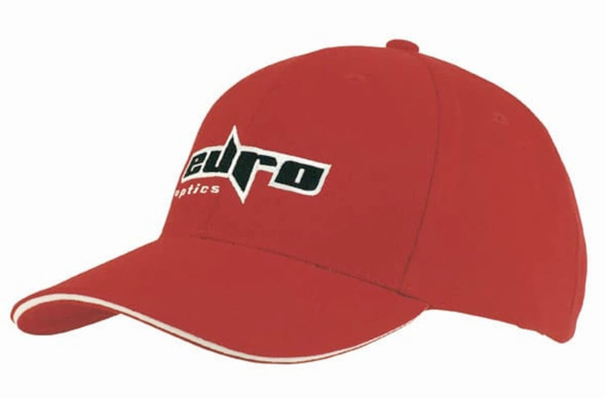 A red baseball cap with a white sandwich trim and a logo on the front.