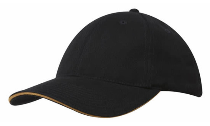 A black cap with a sandwich trim and a logo on the side. The cap features a curved peak.