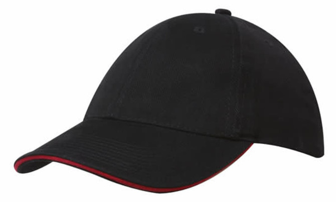 A black cap with a red sandwich trim and a curved brim. It features a logo on the side.