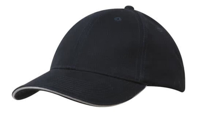 A navy cap with a sandwich trim and a curved brim. Features a logo on the side.