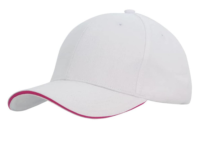 A white cap with a pink sandwich trim and a rounded peak, featuring stitching details and a logo.
