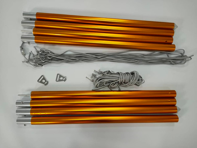 Eight orange aluminium poles with silver ends, accompanied by grey ropes and two hooks, arranged on a white surface.