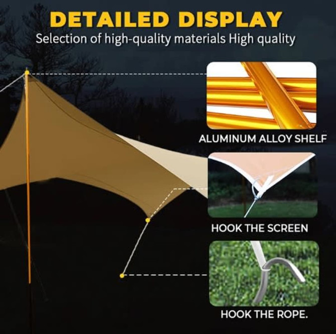 A beige camping canopy with an aluminium alloy shelf, featuring hooks for screens and ropes. Includes branding.