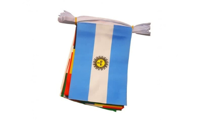 A bundle of polyester bunting featuring Argentina's flag, with blue, white, and yellow colours.