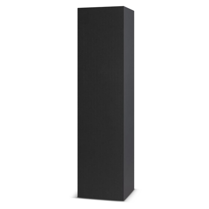 A product display stand in a sleek black finish, featuring a tall, rectangular design with a textured surface.
