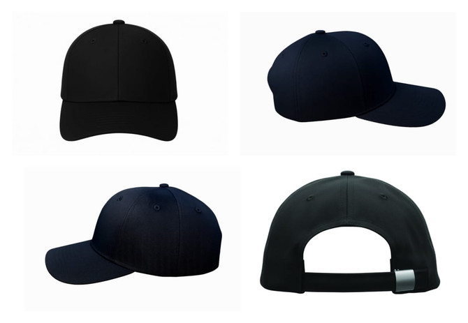 A navy cotton twill cap with a buckle, featuring a smooth design and logo emblem. Multiple angles are displayed.