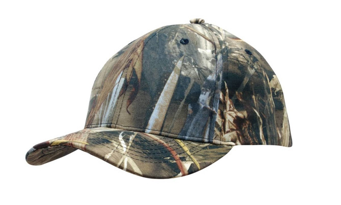 A camouflage 6-panel cap in shades of brown and green, featuring a branding logo on the front.