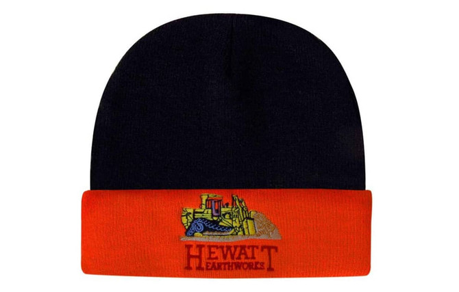 A luminescent safety beanie in black and orange, featuring a logo on the front.