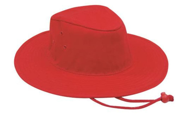 A red poly cotton slouch hat with a wide brim and adjustable chin strap. It features ventilation eyelets.