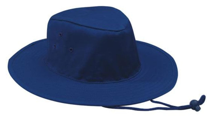 A blue poly cotton slouch hat with eyelets and an adjustable chin strap. It features a simple logo.