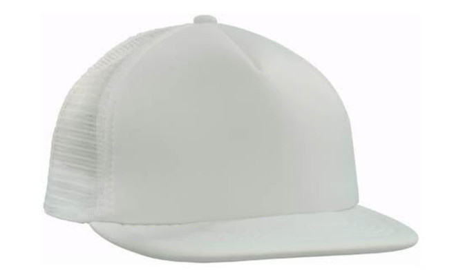 A white trucker mesh cap with a flat peak and a mesh back, featuring a logo on the front.