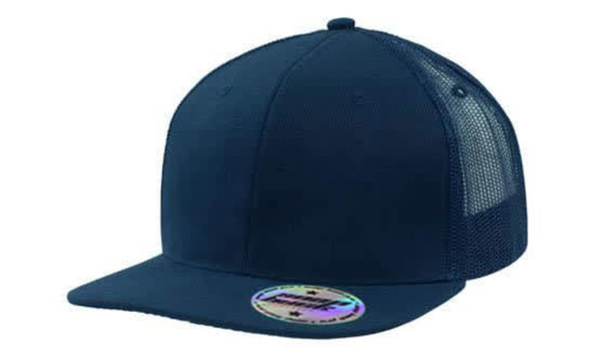 A navy blue snapback cap featuring a mesh back and a round sticker on the brim.